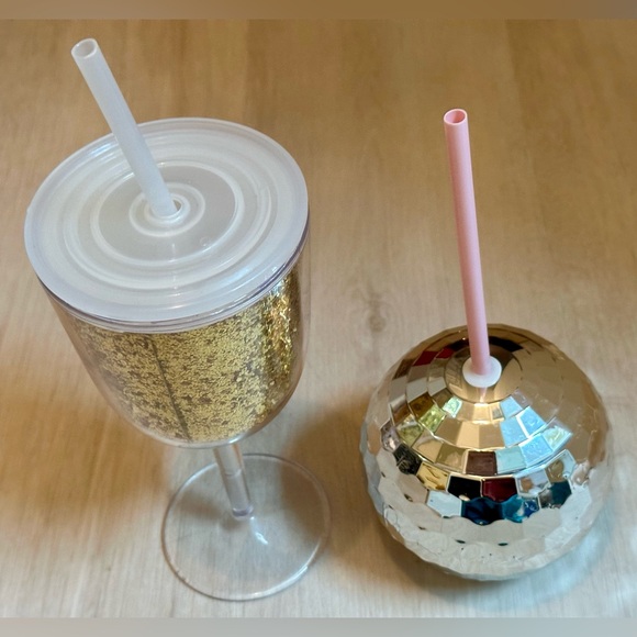Party Drinkware Bundle: Reusable Silver Disco Ball Cup & Gold Glitter Wine Glass - Picture 1 of 16